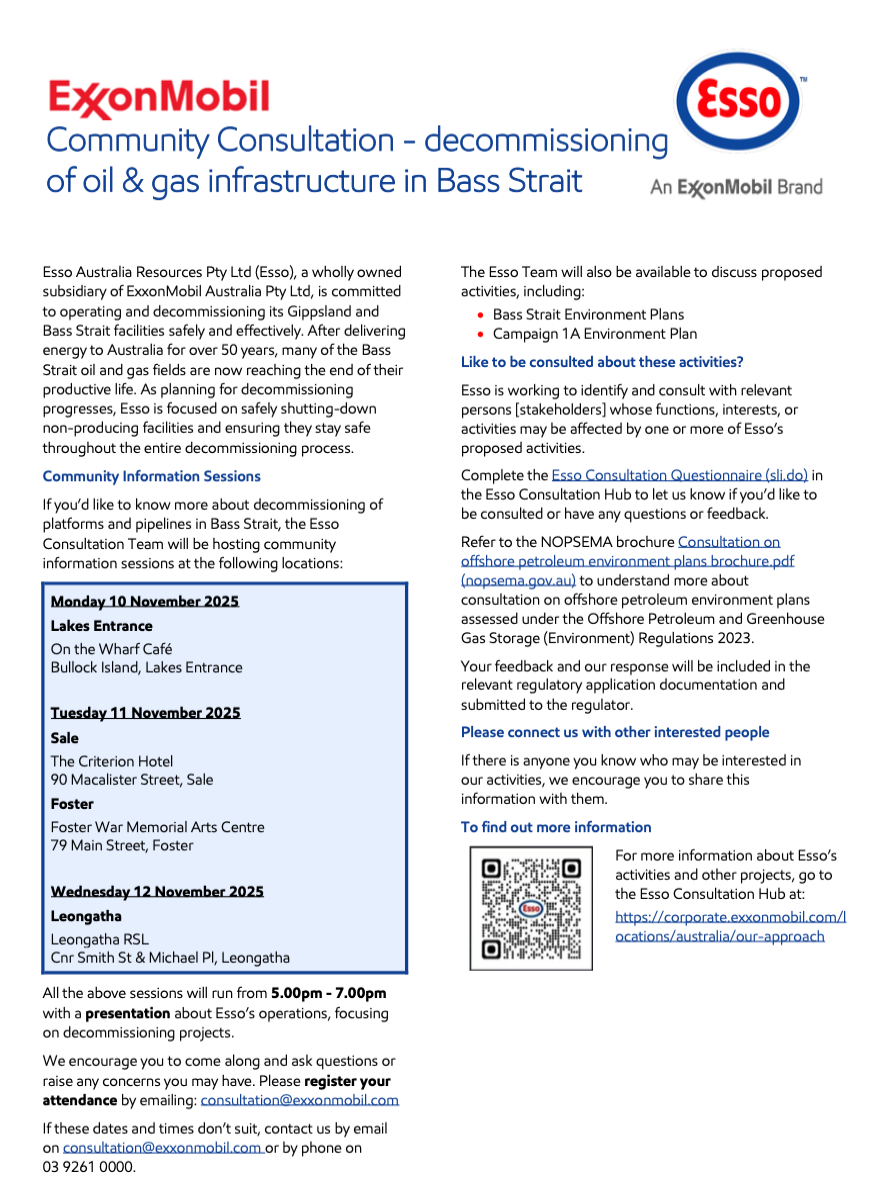 November 2025: Community consultation information on decommissioning oil & gas infrastructure in Bass Strait.